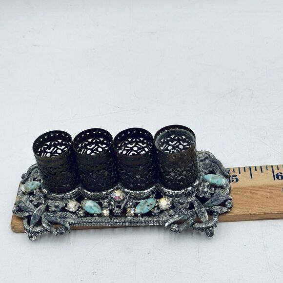 Vintage Sam Fink Jewel Rhinestone & Stone Vanity 4 Lipstick Holder Caddy - Picture 9 of 11